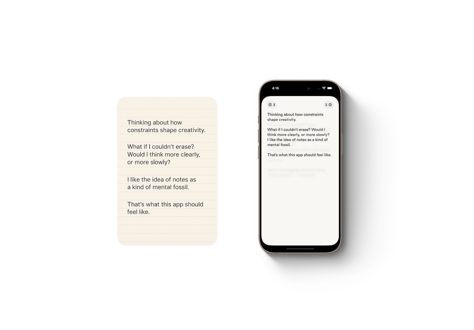 Side-by-side comparison showing physical note card next to IRLpad app interface